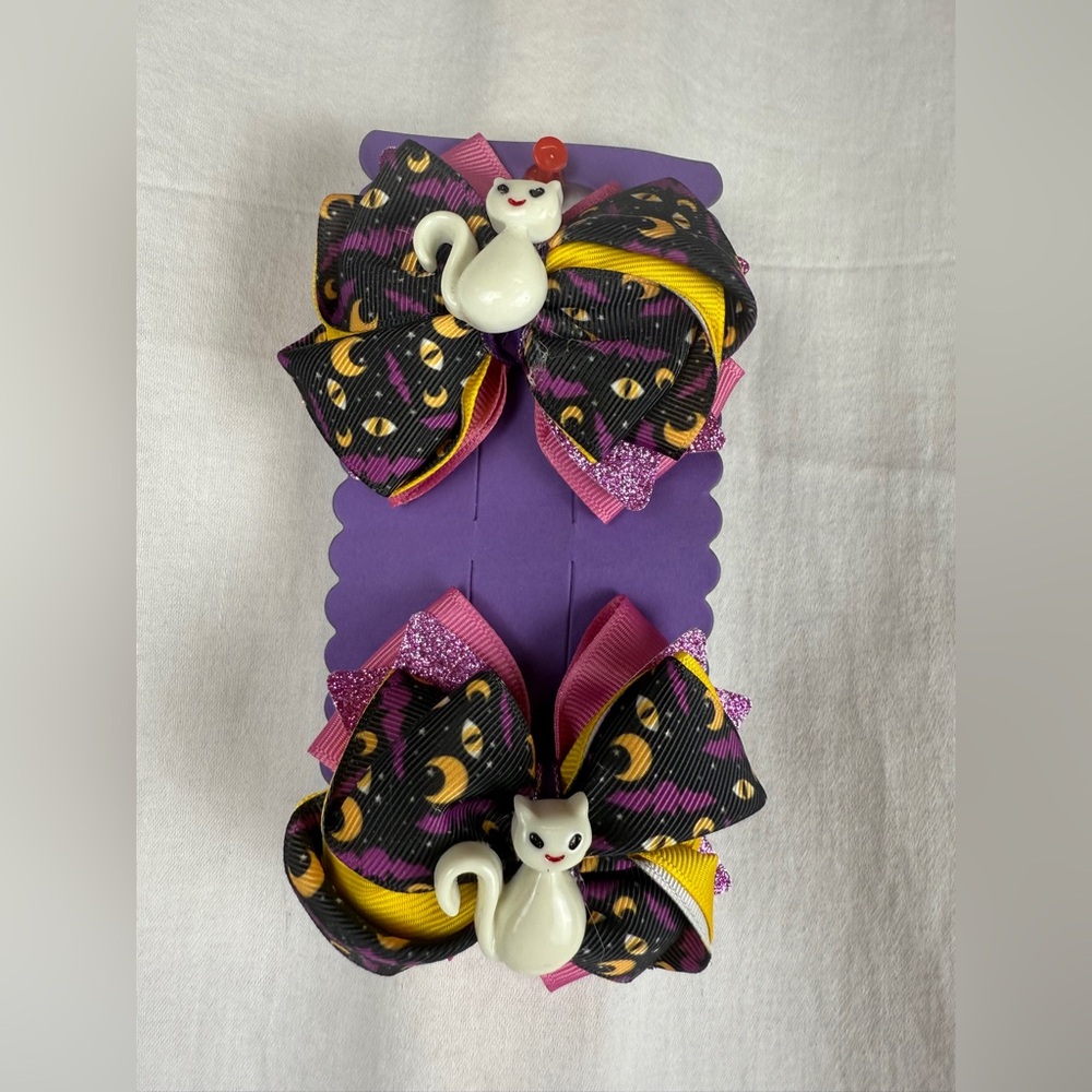 HandMade Cat Themed Hair Bows Set with Purple and Yellow Accents